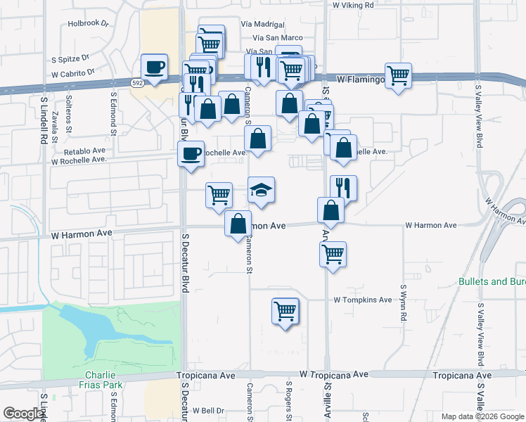 map of restaurants, bars, coffee shops, grocery stores, and more near 4560 West Harmon Avenue in Las Vegas