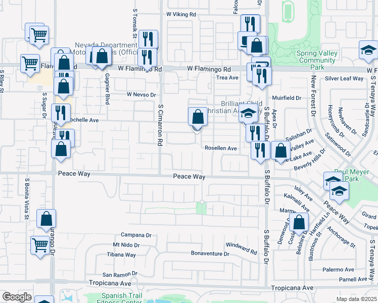 map of restaurants, bars, coffee shops, grocery stores, and more near 4371 Mammoth Creek Drive in Las Vegas
