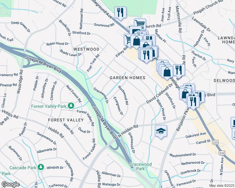 map of restaurants, bars, coffee shops, grocery stores, and more near 407 Crestwood Drive in Greensboro