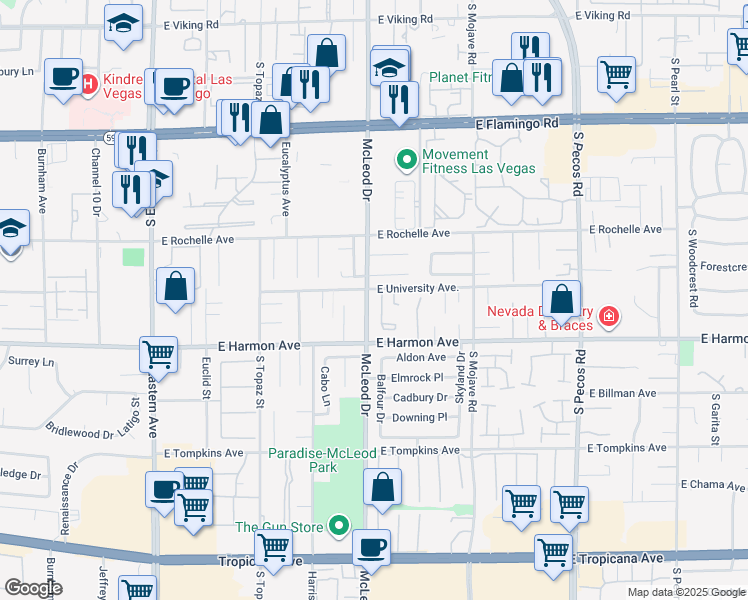 map of restaurants, bars, coffee shops, grocery stores, and more near 4413 Live Oak Drive in Las Vegas