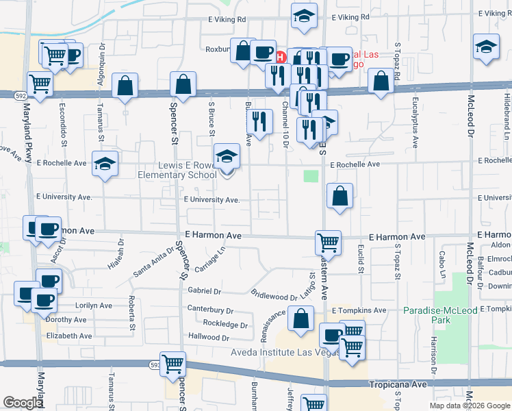 map of restaurants, bars, coffee shops, grocery stores, and more near 4407 Shortleaf Street in Las Vegas