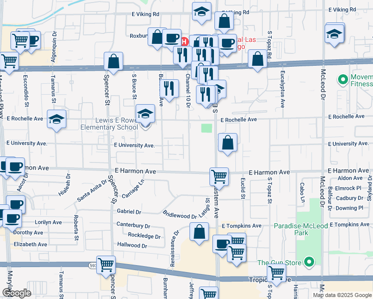 map of restaurants, bars, coffee shops, grocery stores, and more near 4420 Woodpine Drive in Las Vegas