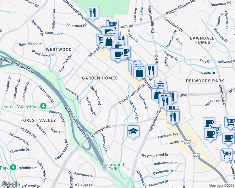 map of restaurants, bars, coffee shops, grocery stores, and more near 2712 Shady Lawn Drive in Greensboro