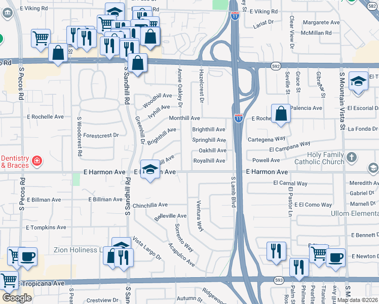 map of restaurants, bars, coffee shops, grocery stores, and more near 4061 Springhill Avenue in Las Vegas