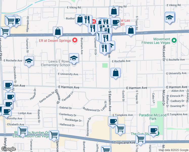map of restaurants, bars, coffee shops, grocery stores, and more near 2210 East University Avenue in Las Vegas