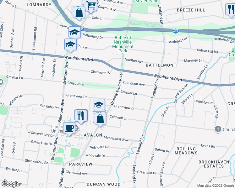 map of restaurants, bars, coffee shops, grocery stores, and more near 1116B Graybar Lane in Nashville