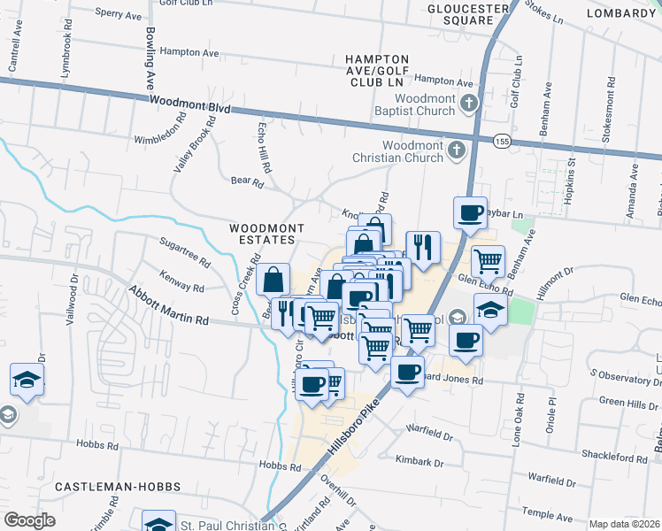 map of restaurants, bars, coffee shops, grocery stores, and more near 3801 Cleghorn Avenue in Nashville