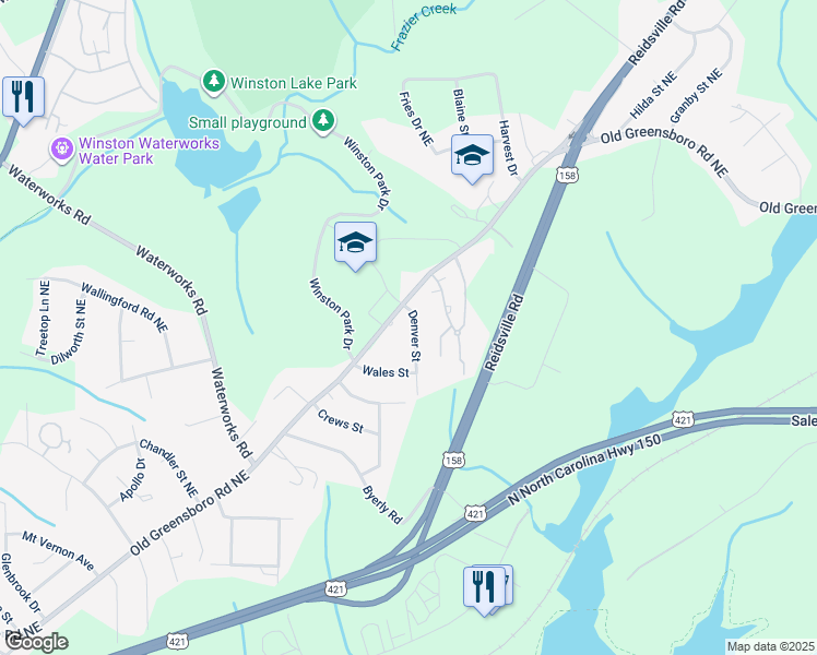 map of restaurants, bars, coffee shops, grocery stores, and more near 3645 Denver Street in Winston-Salem