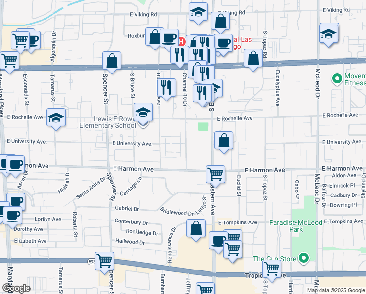 map of restaurants, bars, coffee shops, grocery stores, and more near 4420 Woodpine Drive in Las Vegas