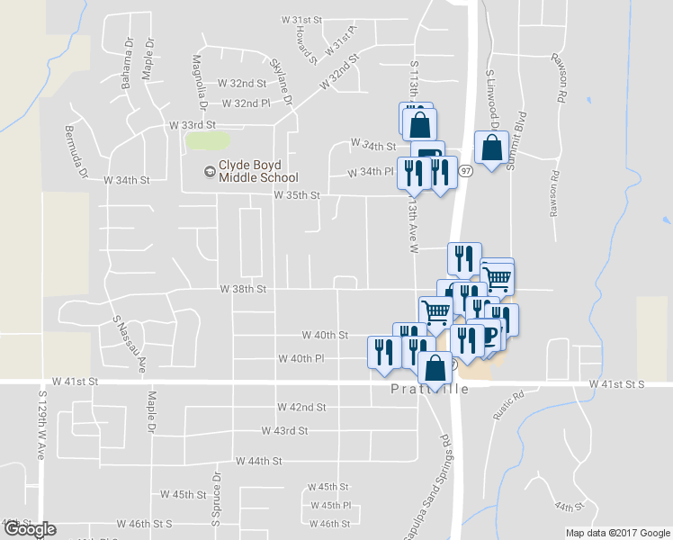 map of restaurants, bars, coffee shops, grocery stores, and more near 113 Seward Avenue in Sand Springs
