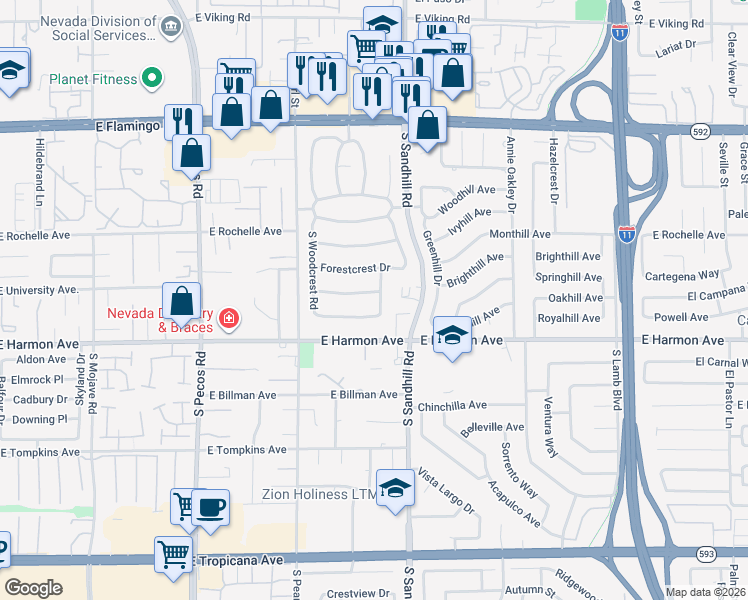 map of restaurants, bars, coffee shops, grocery stores, and more near 3753 East Mountcrest Drive in Las Vegas