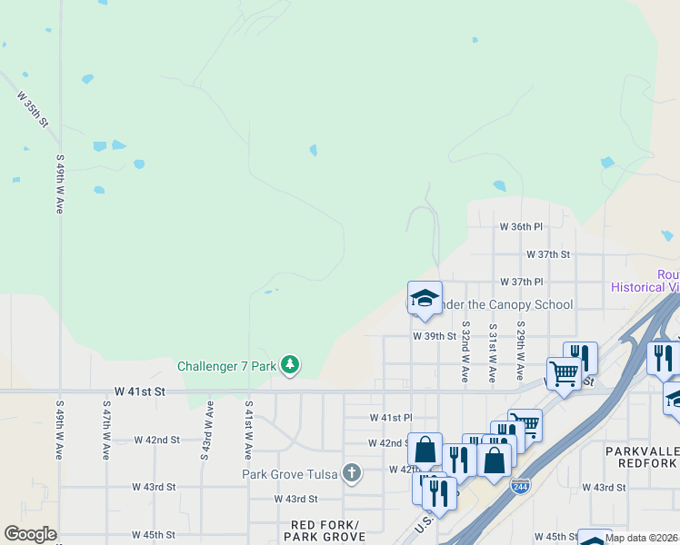 map of restaurants, bars, coffee shops, grocery stores, and more near 3701 South 41st West Avenue in Tulsa