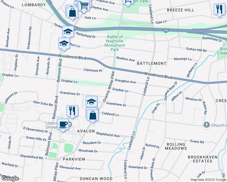 map of restaurants, bars, coffee shops, grocery stores, and more near 1117 Graybar Lane in Nashville