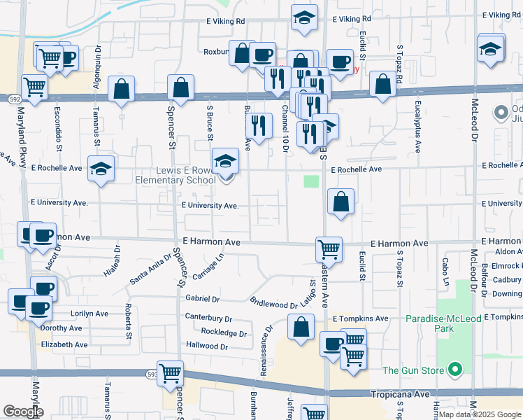 map of restaurants, bars, coffee shops, grocery stores, and more near 4375 Shortleaf Street in Las Vegas