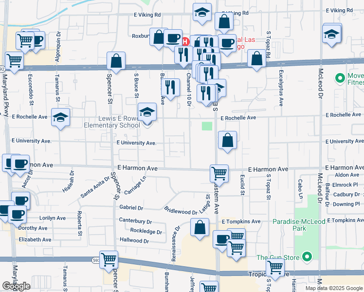map of restaurants, bars, coffee shops, grocery stores, and more near 4425 Woodpine Drive in Las Vegas