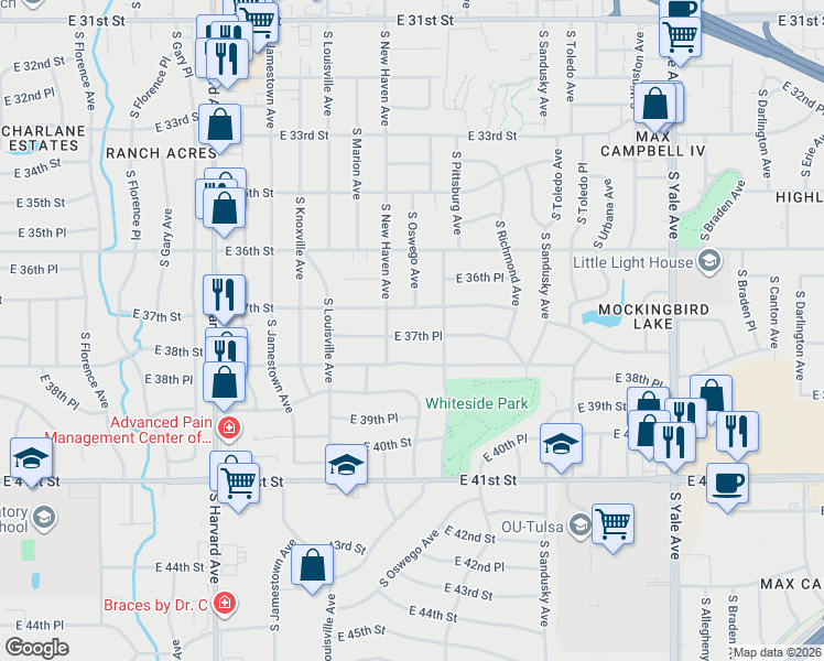 map of restaurants, bars, coffee shops, grocery stores, and more near 3922 East 37th Street in Tulsa