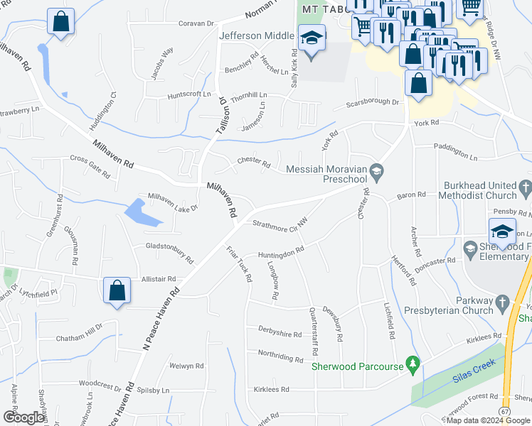 map of restaurants, bars, coffee shops, grocery stores, and more near 1207 North Peace Haven Road in Winston-Salem