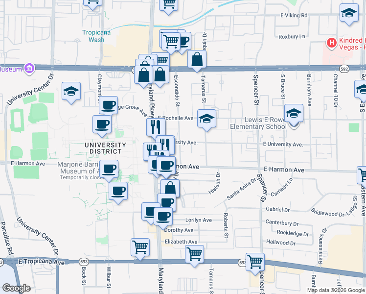 map of restaurants, bars, coffee shops, grocery stores, and more near 1361 East University Avenue in Las Vegas
