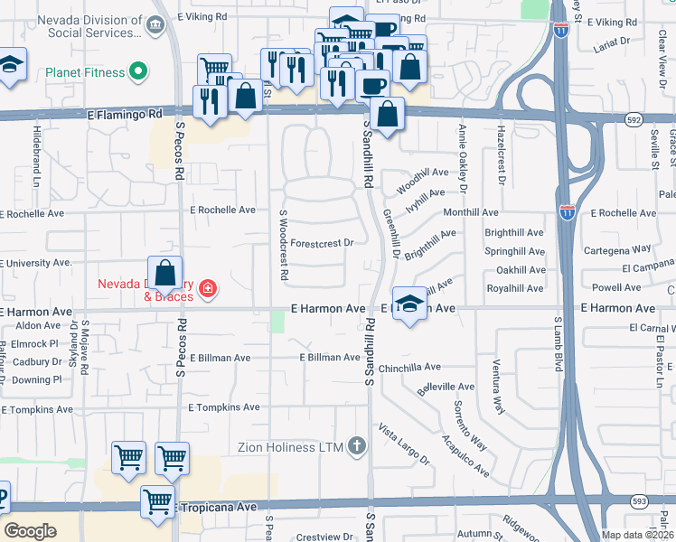 map of restaurants, bars, coffee shops, grocery stores, and more near 3753 East Mountcrest Drive in Las Vegas