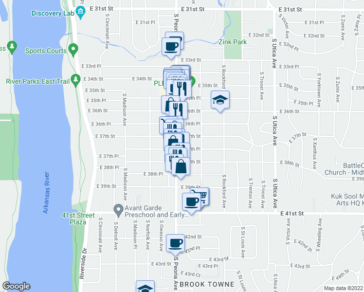 map of restaurants, bars, coffee shops, grocery stores, and more near 3723 South Peoria Avenue in Tulsa