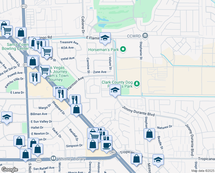 map of restaurants, bars, coffee shops, grocery stores, and more near 5501 East Harmon Avenue in Las Vegas