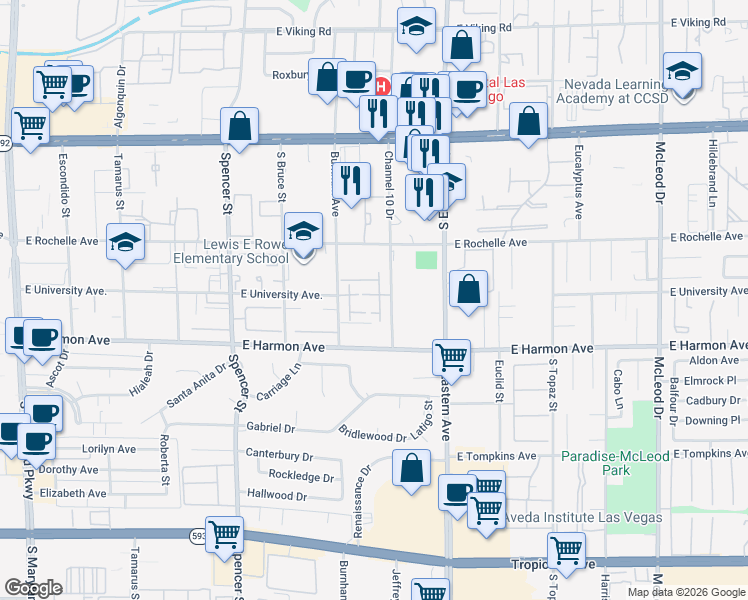 map of restaurants, bars, coffee shops, grocery stores, and more near 2210 East University Avenue in Las Vegas