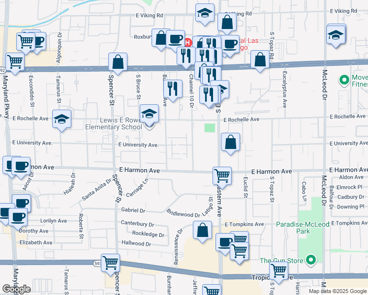 map of restaurants, bars, coffee shops, grocery stores, and more near 4425 Woodpine Drive in Las Vegas