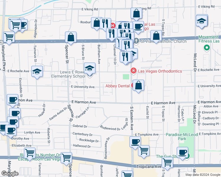 map of restaurants, bars, coffee shops, grocery stores, and more near 4425 Woodpine Drive in Las Vegas