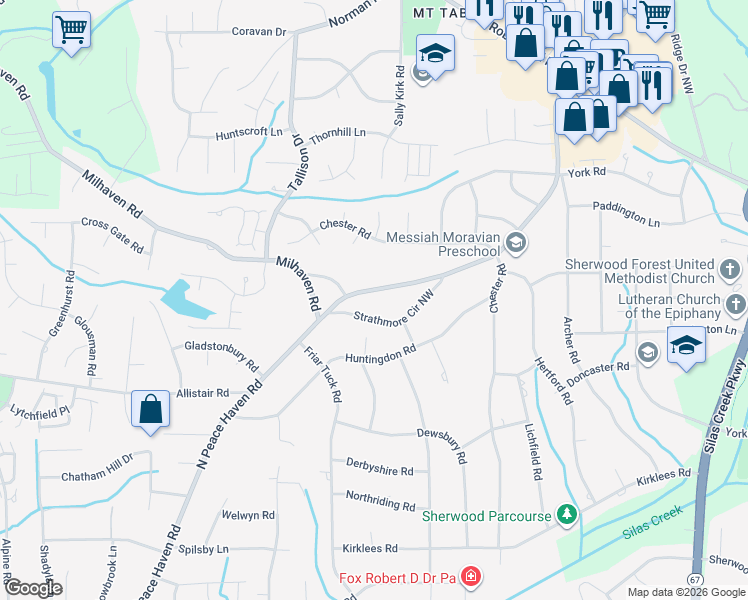 map of restaurants, bars, coffee shops, grocery stores, and more near 1225 North Peace Haven Road in Winston-Salem