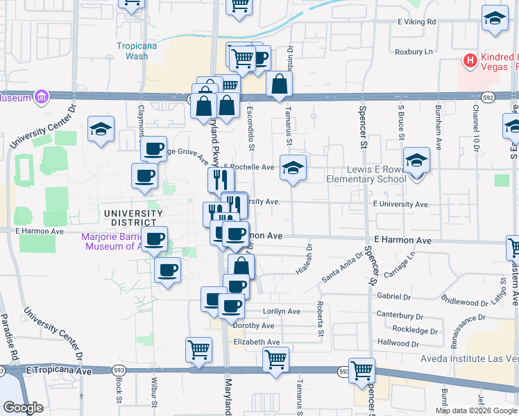 map of restaurants, bars, coffee shops, grocery stores, and more near 1361 East University Avenue in Las Vegas