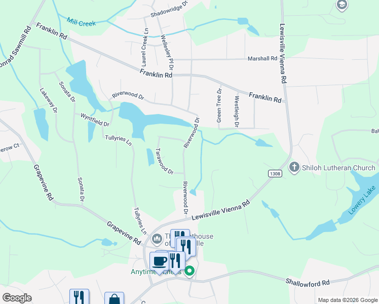 map of restaurants, bars, coffee shops, grocery stores, and more near 315 Riverwood Drive in Lewisville