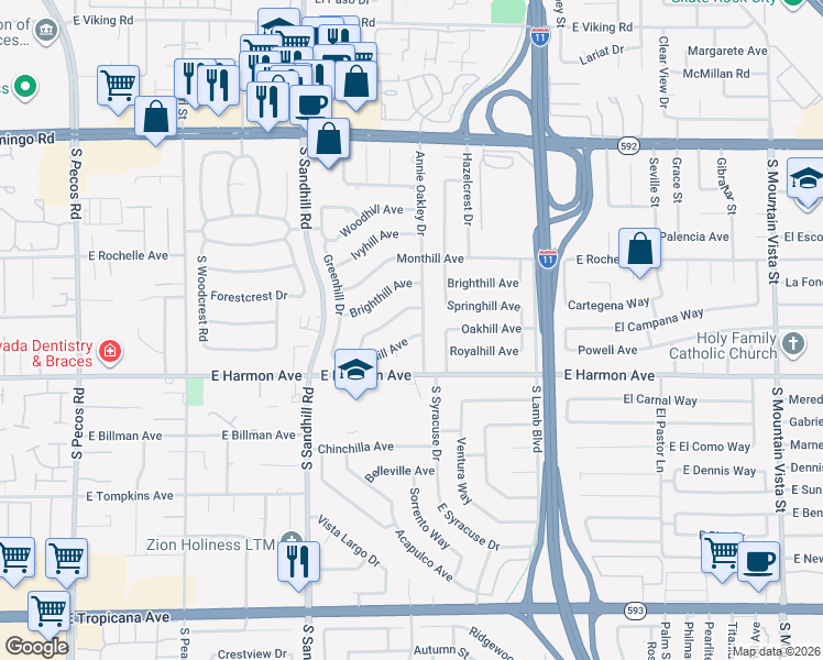 map of restaurants, bars, coffee shops, grocery stores, and more near 3948 Oakhill Avenue in Las Vegas