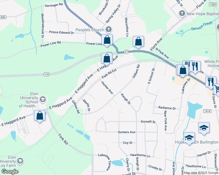 map of restaurants, bars, coffee shops, grocery stores, and more near 144 Hunter Avenue in Elon