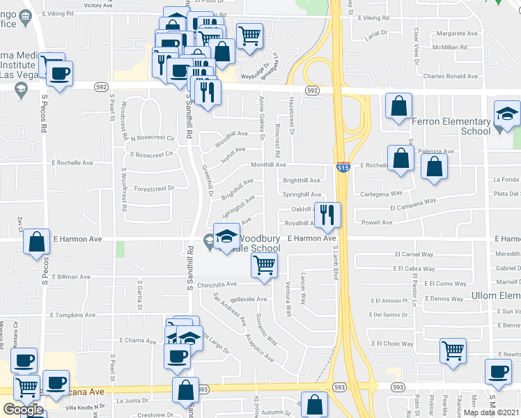 map of restaurants, bars, coffee shops, grocery stores, and more near 4415 Annie Oakley Drive in Las Vegas