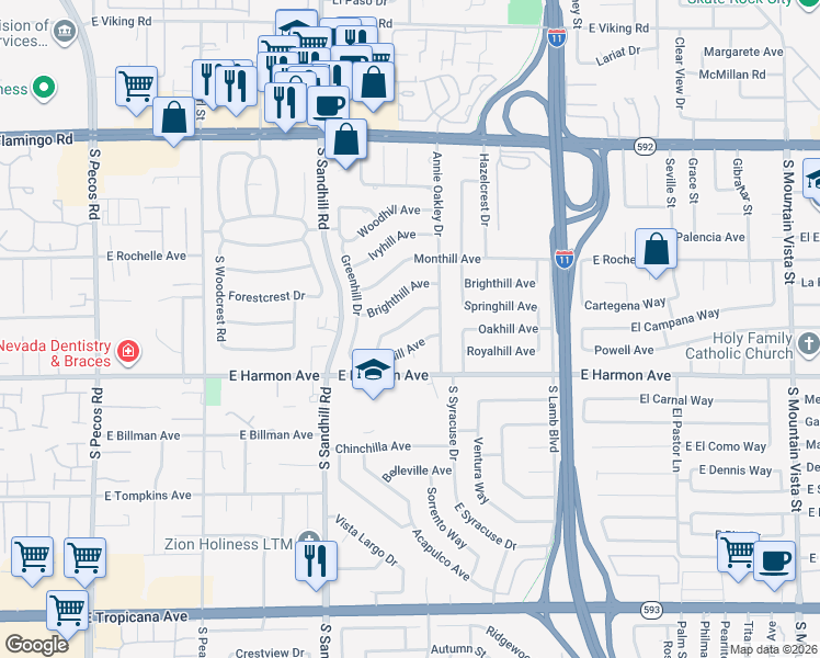 map of restaurants, bars, coffee shops, grocery stores, and more near 3910 Springhill Avenue in Las Vegas