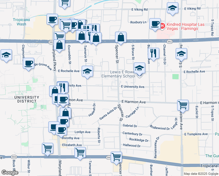 map of restaurants, bars, coffee shops, grocery stores, and more near 1722 East University Avenue in Las Vegas