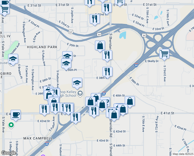 map of restaurants, bars, coffee shops, grocery stores, and more near in Tulsa