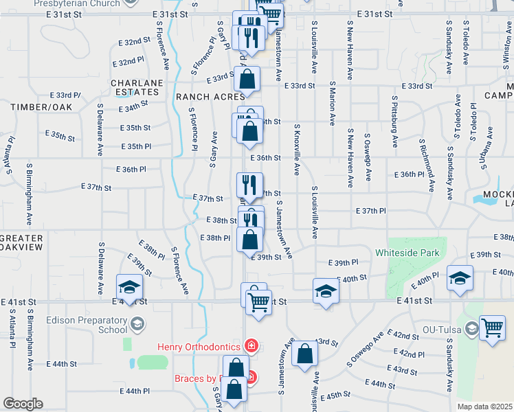 map of restaurants, bars, coffee shops, grocery stores, and more near 3703 South Harvard Avenue in Tulsa