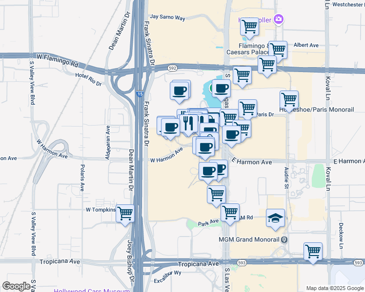 map of restaurants, bars, coffee shops, grocery stores, and more near 2250 West Harmon Avenue in Las Vegas