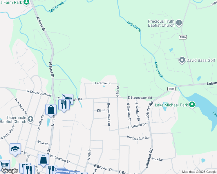 map of restaurants, bars, coffee shops, grocery stores, and more near 112 East Laramie Drive in Mebane
