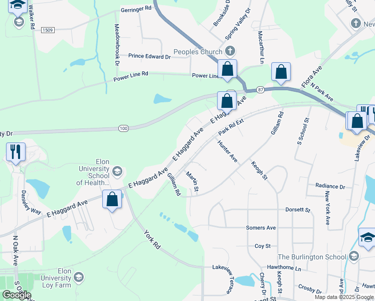 map of restaurants, bars, coffee shops, grocery stores, and more near 923 East Haggard Avenue in Elon