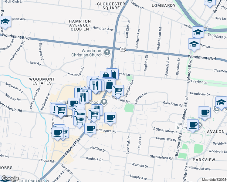 map of restaurants, bars, coffee shops, grocery stores, and more near 3710 Hillsboro Pike in Nashville