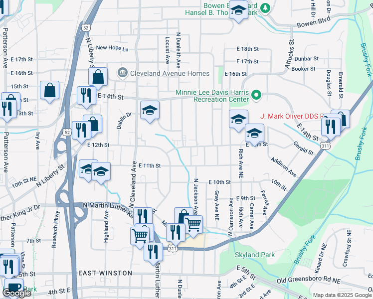 map of restaurants, bars, coffee shops, grocery stores, and more near 1527 East 12th Street in Winston-Salem