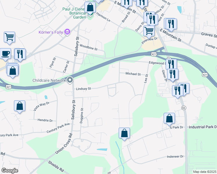 map of restaurants, bars, coffee shops, grocery stores, and more near 442 Lindsay Street in Kernersville