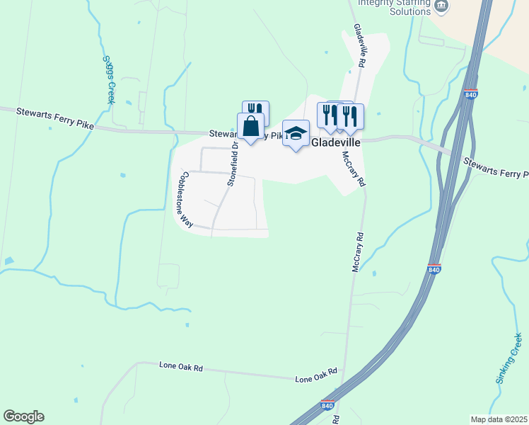 map of restaurants, bars, coffee shops, grocery stores, and more near 383 Cobblestone Way in Mt. Juliet