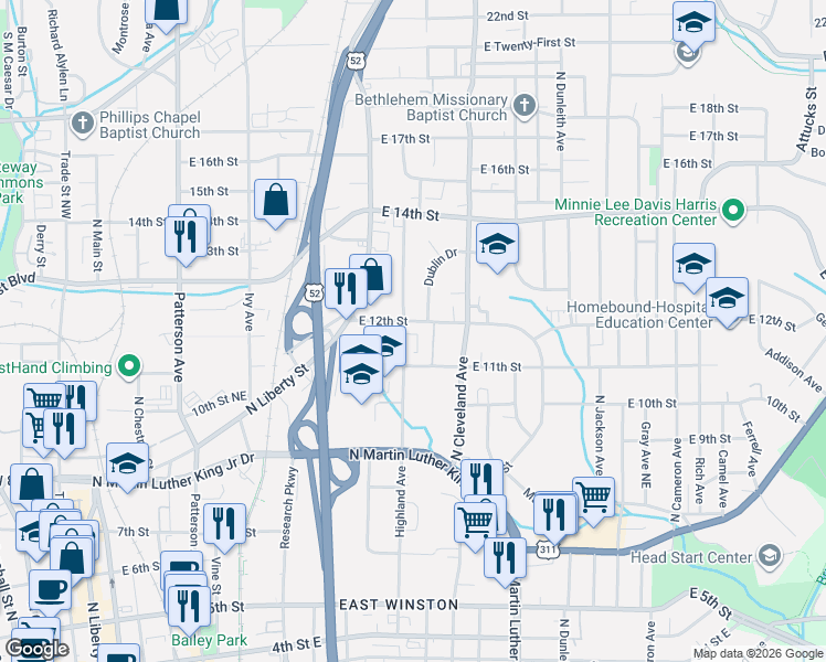 map of restaurants, bars, coffee shops, grocery stores, and more near 1125 Highland Avenue in Winston-Salem