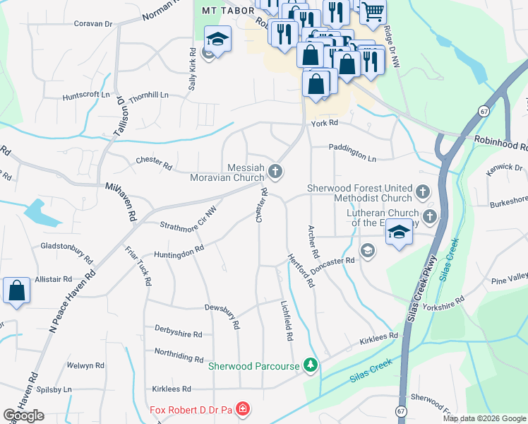 map of restaurants, bars, coffee shops, grocery stores, and more near 854 Chester Road in Winston-Salem