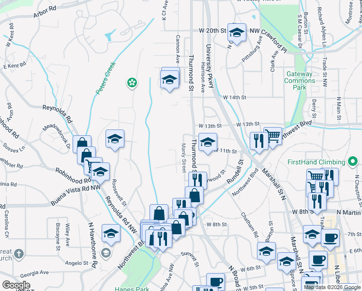 map of restaurants, bars, coffee shops, grocery stores, and more near 1114 Manly Street in Winston-Salem
