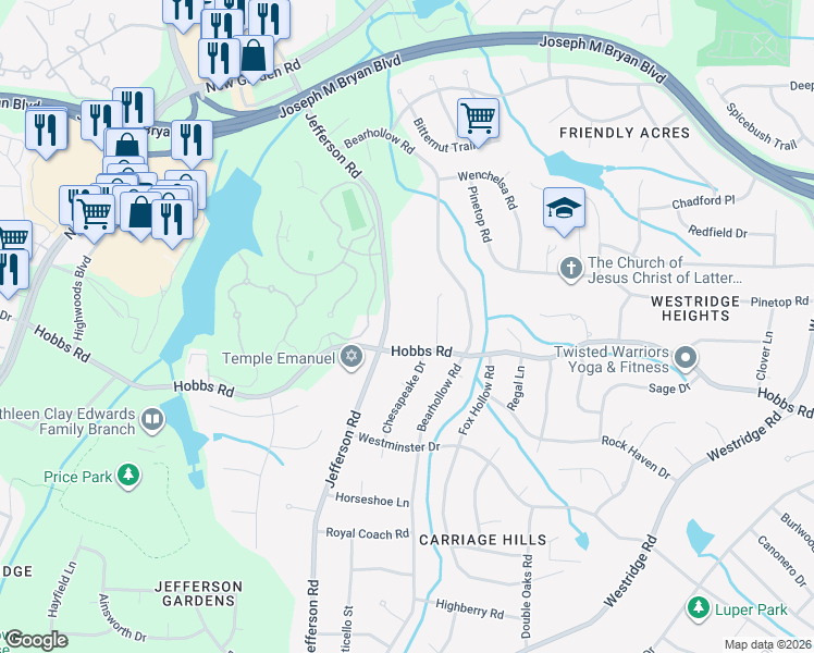 map of restaurants, bars, coffee shops, grocery stores, and more near 1200 Jefferson Road in Greensboro