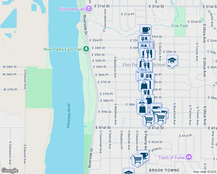 map of restaurants, bars, coffee shops, grocery stores, and more near 3708 South Madison Avenue in Tulsa